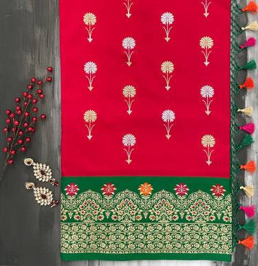 Banarasi Katan Silk thread work saree | Kadwa weave |  Kadiyal Border | Red | Handwoven | Silk Mark | Ships from California